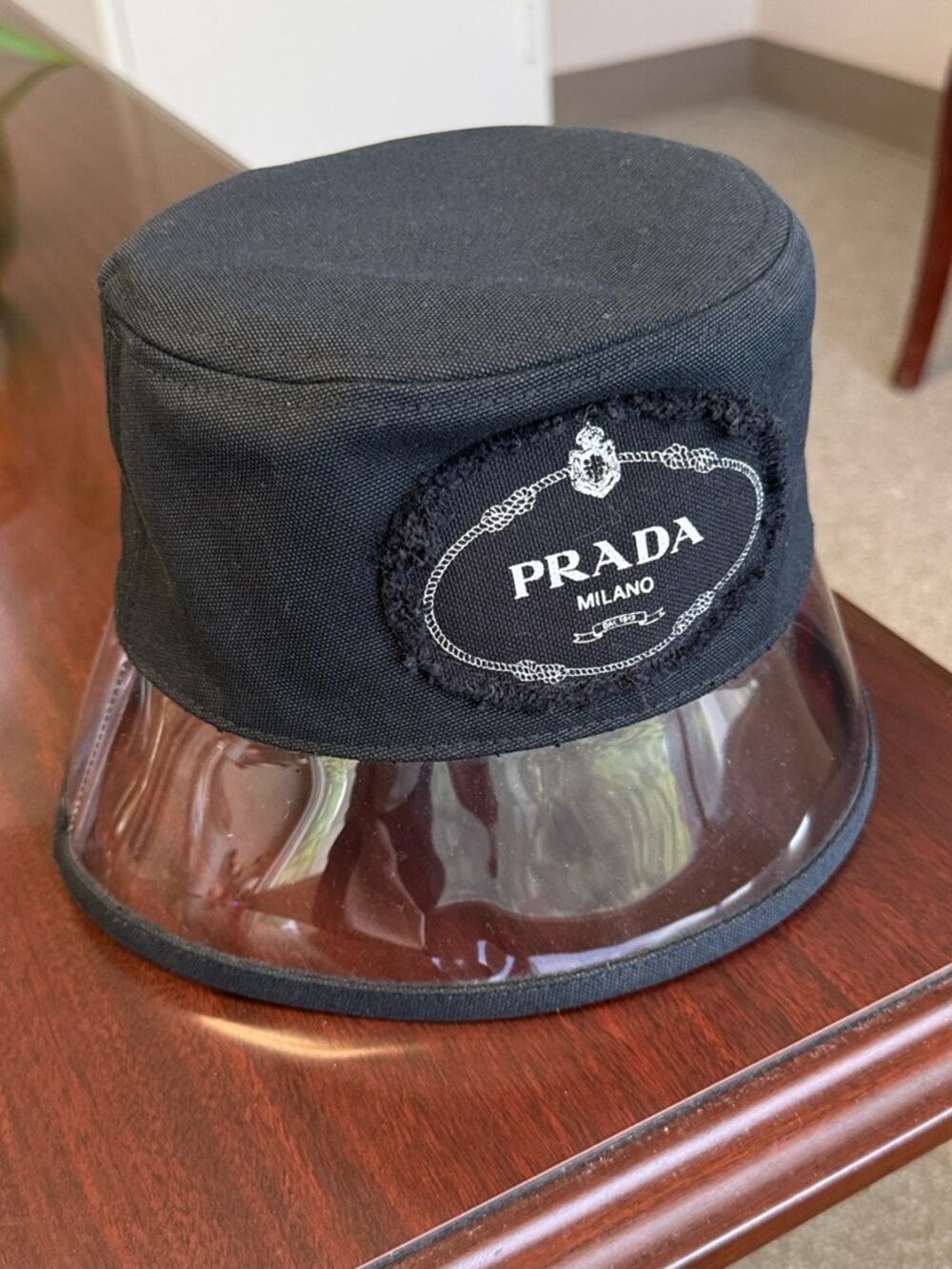 Prada Plexiglass Bucket Hat Black White Logo Clear PVC Brim S